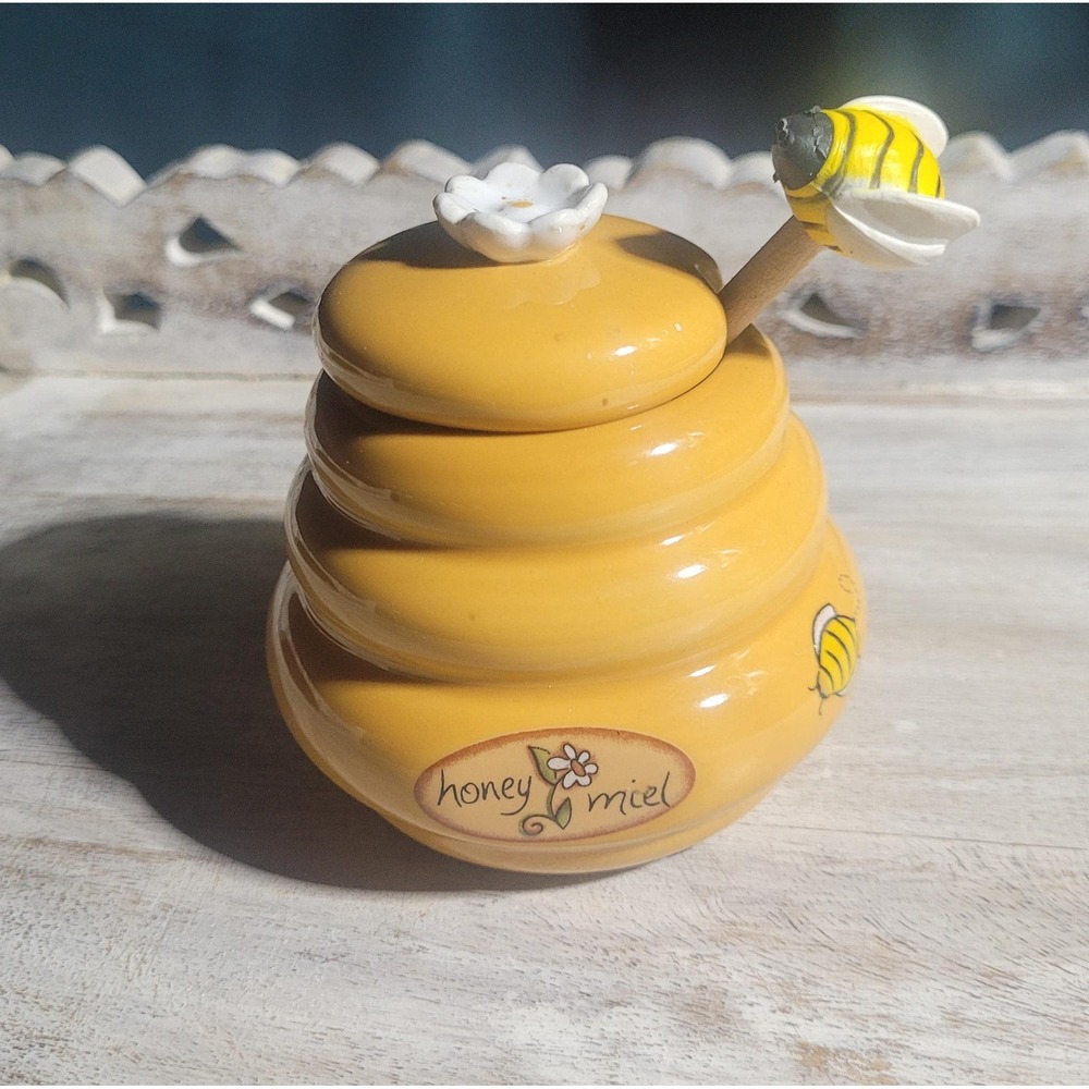 Ceramic Honey Pot with Lid & Bee Dipper | Honey Miel Jar Beehive Honey Container